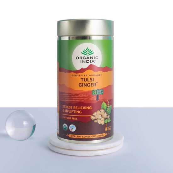 A TATA Product - Organic India Tulsi Ginger Tea - 100g, Rich in Antioxidants, Supports Digestion, Stress Relieving, Helps Boost Metabolism, Caffeine-Free, Whole Herbs