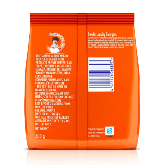 Tide Plus Detergent Washing Powder - 500g | Jasmine & Rose Fragrance | Removes deep-seated Oil, Gravy, Tea Stains | 500gm, Pack of 1