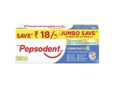 Pepsodent Germicheck 300g (150g x 2, Pack of 2) 8 Actions, Whole Mouth Cavity Protection Plaque Removal Toothpaste With Anti-Germ Formula, Clove And Neem Oil, Jumbo Save Pack