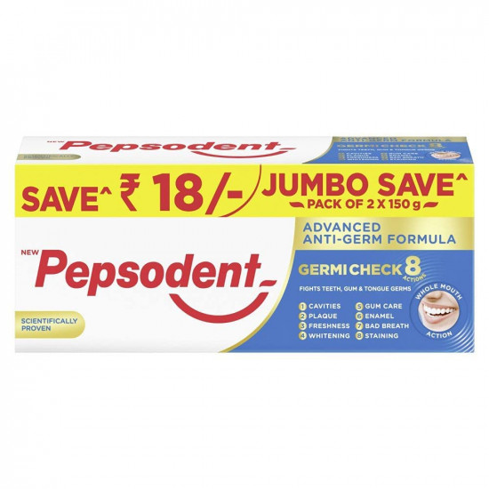 Pepsodent Germicheck 300g (150g x 2, Pack of 2) 8 Actions, Whole Mouth Cavity Protection Plaque Removal Toothpaste With Anti-Germ Formula, Clove And Neem Oil, Jumbo Save Pack
