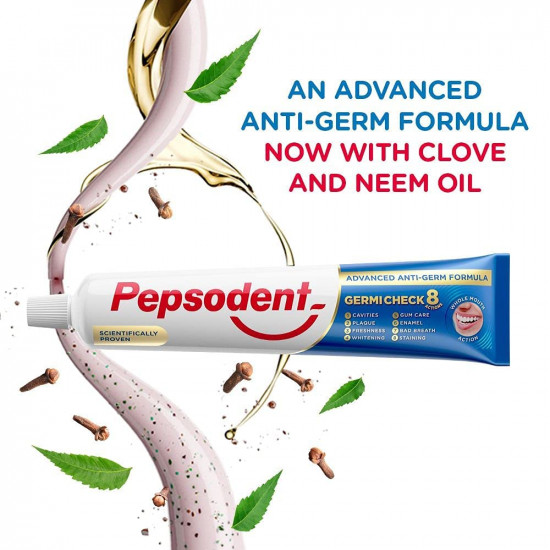 Pepsodent Germicheck 300g (150g x 2, Pack of 2) 8 Actions, Whole Mouth Cavity Protection Plaque Removal Toothpaste With Anti-Germ Formula, Clove And Neem Oil, Jumbo Save Pack