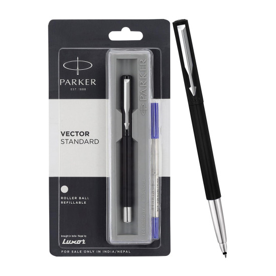 Parker Vector Standard Chrome Trim Roller Ball Pen| Black Body Color| Ink Color - Blue | For Employees | Perfect For Professional Use Parker Vector Standard Chrome Trim Roller Ball Pen| Black Body Color| Ink Color - Blue | For Employees | Perfect For Professional Use