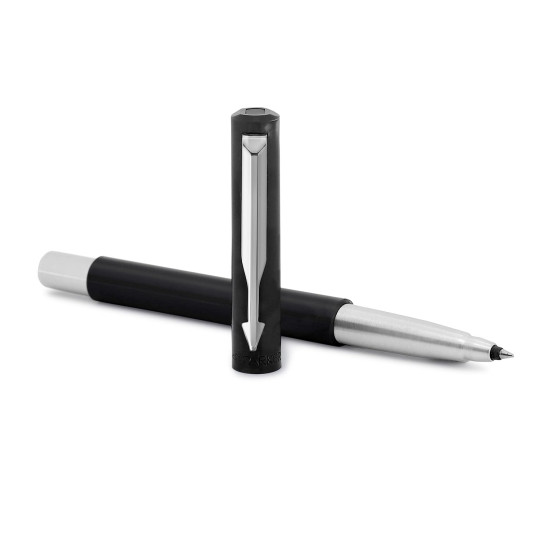 Parker Vector Standard Chrome Trim Roller Ball Pen| Black Body Color| Ink Color - Blue | For Employees | Perfect For Professional Use Parker Vector Standard Chrome Trim Roller Ball Pen| Black Body Color| Ink Color - Blue | For Employees | Perfect For Professional Use