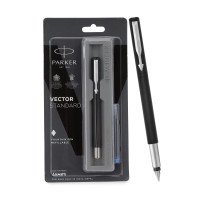 Parker Vector Standard Fountain Pen with 1 Ink Cartridge | Ink Color Blue | Black Body with Chrome Trim, Refillable Fine Nib Pen | Smooth Writing Pen for School, Office, or Gifting