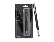 Parker Vector Standard Fountain Pen with 1 Ink Cartridge | Ink Color Blue | Black Body with Chrome Trim, Refillable Fine Nib Pen | Smooth Writing Pen for School, Office, or Gifting
