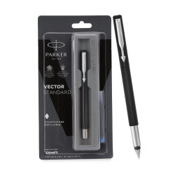 Parker Vector Standard Fountain Pen with 1 Ink Cartridge | Ink Color Blue | Black Body with Chrome Trim, Refillable Fine Nib Pen | Smooth Writing Pen for School, Office, or Gifting