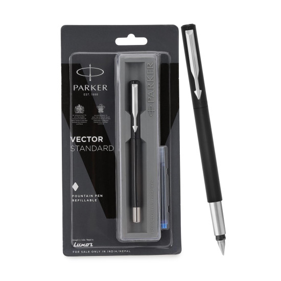 Parker Vector Standard Fountain Pen with 1 Ink Cartridge | Ink Color Blue | Black Body with Chrome Trim, Refillable Fine Nib Pen | Smooth Writing Pen for School, Office, or Gifting Parker Vector Standard Fountain Pen with 1 Ink Cartridge | Ink Color Blue | Black Body with Chrome Trim, Refillable Fine Nib Pen | Smooth Writing Pen for School, Office, or Gifting