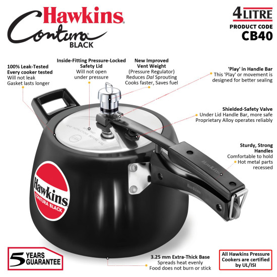 Hawkins 4 Litre Contura Black Pressure Cooker, Hard Anodised Inner Lid Cooker, Handi Cooker, Black (CB40)