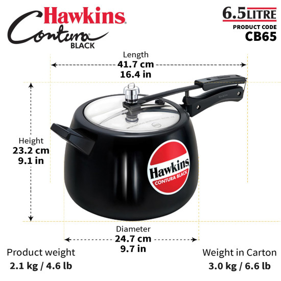 Hawkins 6.5 Litre Contura Black Pressure Cooker, Hard Anodised Inner Lid Cooker, Handi Cooker, Black (CB65)