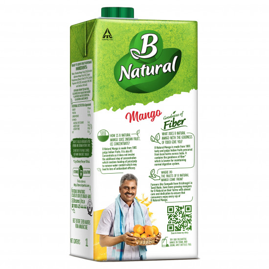 B Natural Mango Juice, Goodness of fiber, Made with choicest Mangoes, 1 litre