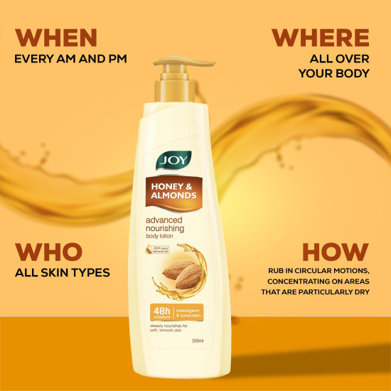 Joy Honey & Almonds Advanced Nourishing Lightweight Summer Body Lotion 500ml | Enriched With Shea Butter | Natural Sunscreen Filters | Suitable for Normal to Dry Skin