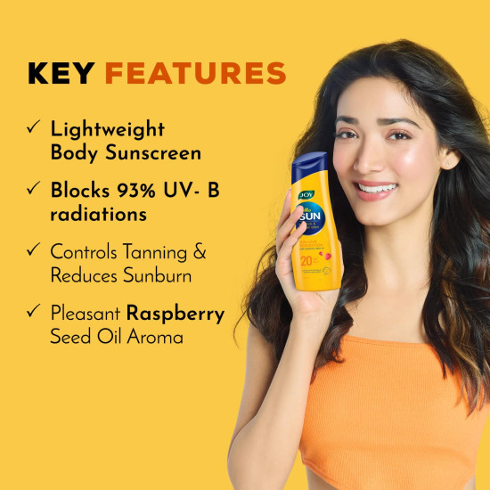 Joy Hello Sun Body Sunscreen Lotion SPF20 PA++ (300ml) | INVIVO Tested | UVA + UVB Protection | Tan Control and restores Glow | Lightweight, Fast Absorbing & Zero White Cast | For Normal to Oily Skin