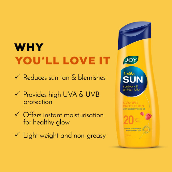 Joy Hello Sun Body Sunscreen Lotion SPF20 PA++ (300ml) | INVIVO Tested | UVA + UVB Protection | Tan Control and restores Glow | Lightweight, Fast Absorbing & Zero White Cast | For Normal to Oily Skin