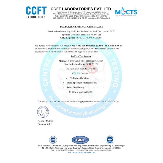 Joy Hello Sun Body Sunscreen Lotion SPF20 PA++ (300ml) | INVIVO Tested | UVA + UVB Protection | Tan Control and restores Glow | Lightweight, Fast Absorbing & Zero White Cast | For Normal to Oily Skin