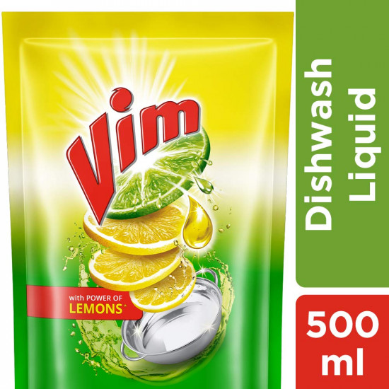 Vim Dishwash Liquid Gel Lemon, With Lemon Fragrance, Leaves No Residue, Grease Cleaner For All Utensils, 500 ml Refill Pouch