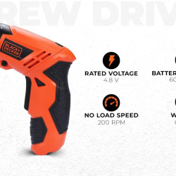 BLACK+DECKER KC4815 4.8V 200 RPM Cordless Screwdriver Set Ni-Cd (Nickel-Cadmium) with LED Worklight, 15-pieces Screw Bits Set & Adjustable Torque for Home & DIY Use, 1 Year Warranty, ORANGE & BLACK