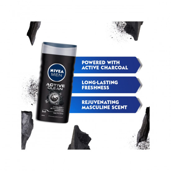 NIVEA Men Body Wash, Active Clean with Active Charcoal, Shower Gel for Body, Face & Hair, 250 ml