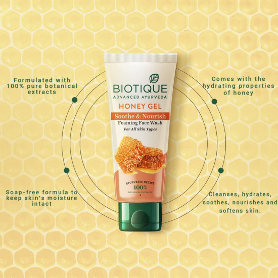 Biotique Honey Gel Soothe & Nourish Foaming Face wash | Soap Free Formula | Reduce Dryness | 100% Botanical Extracts | Suitable for All Skin Types | 100ml