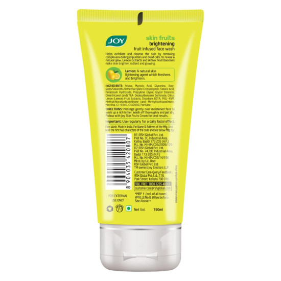 Joy Skin Fruits Lemon Brightening Face Wash 100ml | with Vitamin C for Glowing Skin | Reduces Dark Spots, Removes Excess Oil & Dirt | For Normal to Oily Skin