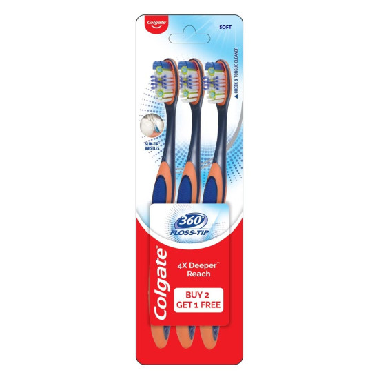 Colgate Toothbrush-360 Degree Flosstip for adults,Manual,Black,Pack of 3