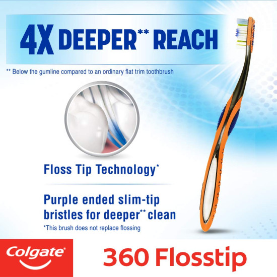 Colgate Toothbrush-360 Degree Flosstip for adults,Manual,Black,Pack of 3