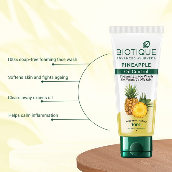 Biotique Pineapple Oil Control Foaming Face Wash | Hydrates dry skin | Eliminates Excess Oil | Evens Skin Tone | 100% Botanical Extracts | Suitable for All Skin Types | 100ml