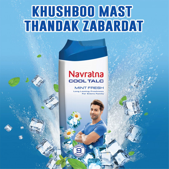 Navratna Cool Mint Fresh Talc | Instant Sweat Absorption and Cooling Effect |Body Odour Protection | Long Lasting Freshness and Fragrance, 400gm