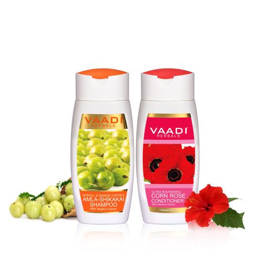 Vaadi Herbals Amla Shikakai Hair fall and Damage Control Shampoo, 110ml with Corn Rose Conditioner, 110ml