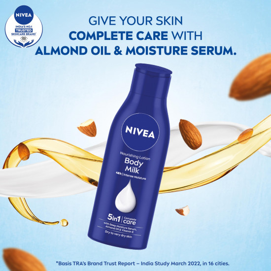 NIVEA Nourishing Body Milk 200ml Body Lotion with Deep Moisture Serum | 48 H Moisturization | With 2X Almond Oil | Smooth and Healthy Looking Skin |For Very Dry Skin