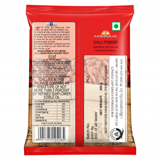 Aashirvaad Chilli Powder, 200g Pack, Red Hot Chilli Powder with No Added Flavours and Colours