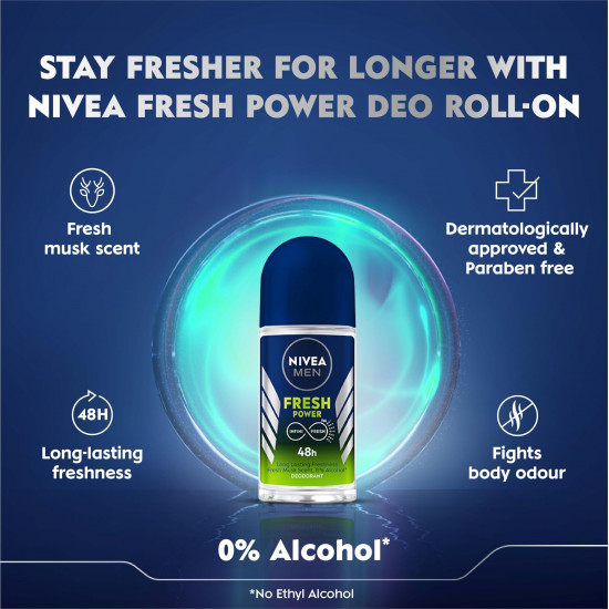 Nivea Deodorant Roll On, Fresh Power for Men, 50ml