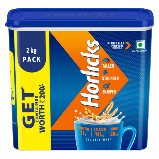Horlicks Health & Nutrition Drink for Kids, 2kg Refill Container | Classic Malt Flavor | Supports Immunity & Holistic Growth | Nutritious Health Drink