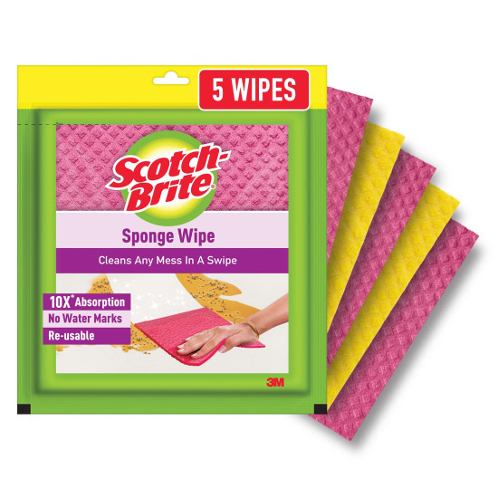 Scotch-Brite Sponge Wipes- Reusable, Kitchen and House Cleaning- Easy to use, Cleans any mess in a swipe, Absorbs water its own 10x weight, Multi- color, Biodegradable (pack of 5) Scotch-Brite Sponge Wipes- Reusable, Kitchen and House Cleaning- Easy to use, Cleans any mess in a swipe, Absorbs water its own 10x weight, Multi- color, Biodegradable (pack of 5)