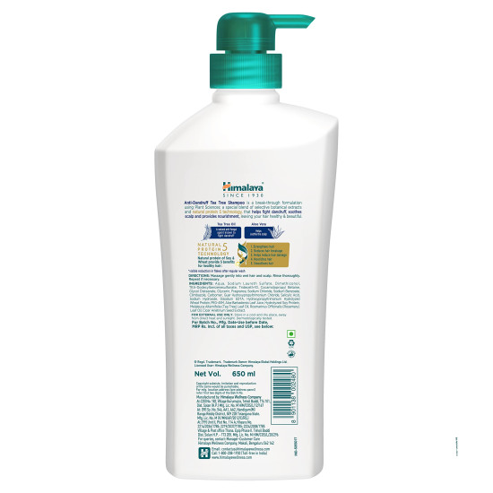 Himalaya Anti-Dandruff Tea Tree Shampoo, Removes up to 100% Dandruff, Soothes Scalp & Nourishes Hair, with Tea Tree oil and Aloe Vera, for men and women, 650ml