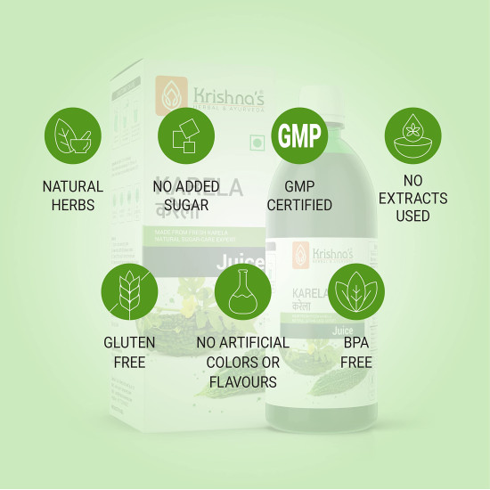 Krishna's Karela Juice - 500 ml | Fresh Karela | Ayurevedic Formulation to maintain Sugar Level | Enriched with Vitamin C - Vitamin A | Sugar free Juice with No Added Color or Flavour