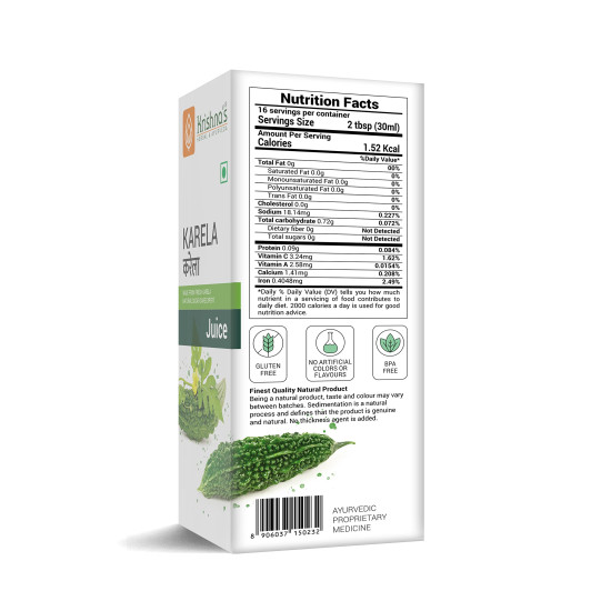 Krishna's Karela Juice - 500 ml | Fresh Karela | Ayurevedic Formulation to maintain Sugar Level | Enriched with Vitamin C - Vitamin A | Sugar free Juice with No Added Color or Flavour