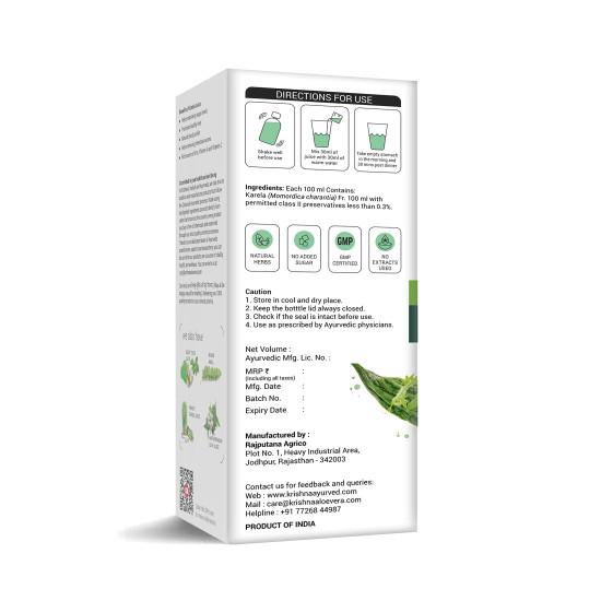 Krishna's Karela Juice - 500 ml | Fresh Karela | Ayurevedic Formulation to maintain Sugar Level | Enriched with Vitamin C - Vitamin A | Sugar free Juice with No Added Color or Flavour