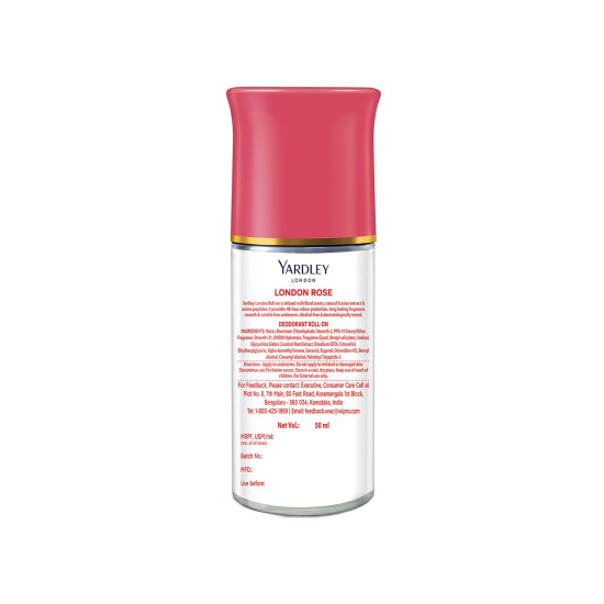 Yardley London London Rose Underarm Deodorant Roll On | With Licorirce Extract & Floral Extracts | Smooth & Eventoned Underarms | 72 H Long Lasting Floral Scent| 0% Alcohol & Dermat Approved | For Women | 50ml