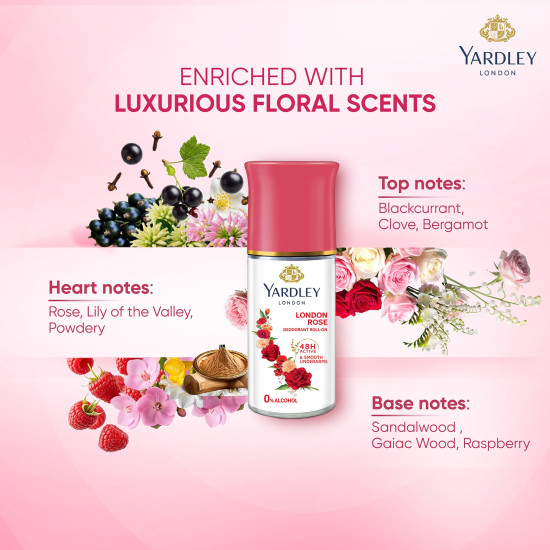 Yardley London London Rose Underarm Deodorant Roll On | With Licorirce Extract & Floral Extracts | Smooth & Eventoned Underarms | 72 H Long Lasting Floral Scent| 0% Alcohol & Dermat Approved | For Women | 50ml