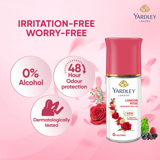 Yardley London London Rose Underarm Deodorant Roll On | With Licorirce Extract & Floral Extracts | Smooth & Eventoned Underarms | 72 H Long Lasting Floral Scent| 0% Alcohol & Dermat Approved | For Women | 50ml