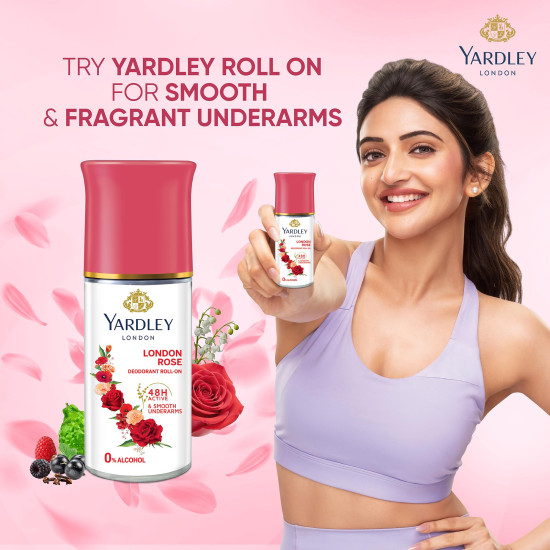 Yardley London London Rose Underarm Deodorant Roll On | With Licorirce Extract & Floral Extracts | Smooth & Eventoned Underarms | 72 H Long Lasting Floral Scent| 0% Alcohol & Dermat Approved | For Women | 50ml