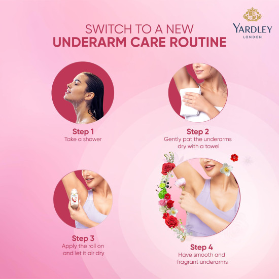 Yardley London London Rose Underarm Deodorant Roll On | With Licorirce Extract & Floral Extracts | Smooth & Eventoned Underarms | 72 H Long Lasting Floral Scent| 0% Alcohol & Dermat Approved | For Women | 50ml