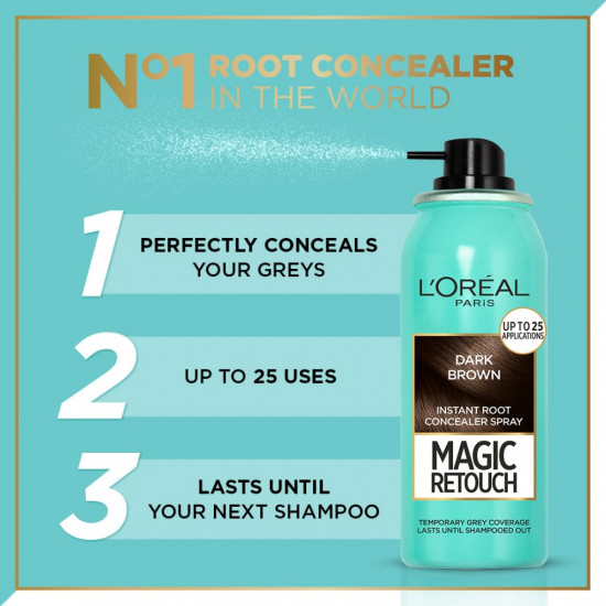 L'Oreal Paris Instant Root Concealer Spray, Ideal for Touching Up Grey Root Regrowth, Magic Retouch, 2 Dark Brown, 75ml