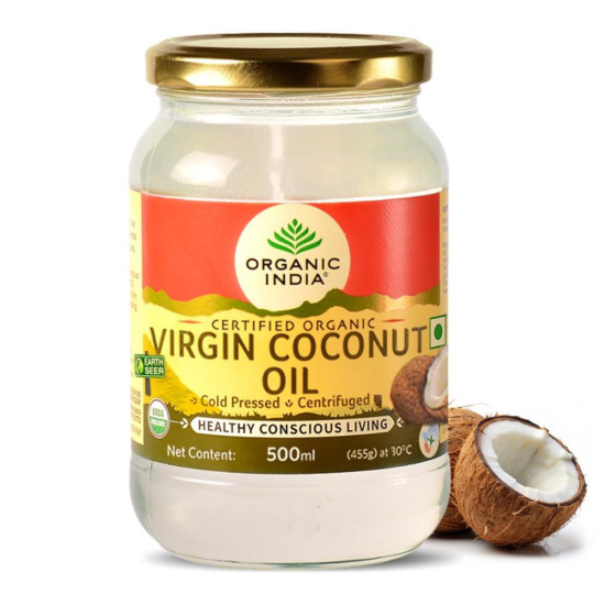 A TATA Product - Organic India Virgin Coconut Oil 500ml, Certified Organic, Lab Tested on 600+ Parameters, Cold Pressed, Extracted from Organically Grown Coconuts, Multipurpose Coconut Oil