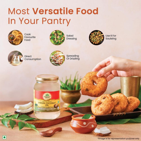 A TATA Product - Organic India Virgin Coconut Oil 500ml, Certified Organic, Lab Tested on 600+ Parameters, Cold Pressed, Extracted from Organically Grown Coconuts, Multipurpose Coconut Oil