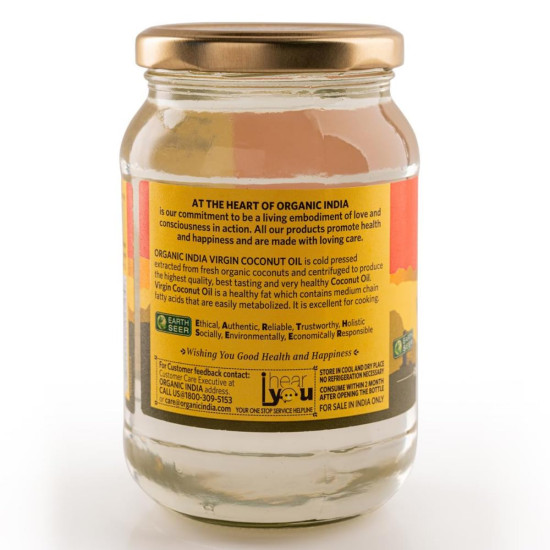 A TATA Product - Organic India Virgin Coconut Oil 500ml, Certified Organic, Lab Tested on 600+ Parameters, Cold Pressed, Extracted from Organically Grown Coconuts, Multipurpose Coconut Oil