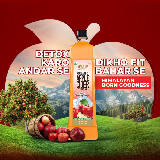 WOW Life Science Apple Cider Vinegar 750ml | Organic Himalayan Apples | Mother of Vinegar with Probiotics | Unfiltered & Unpasteurized | For Weight Management, Reduced Bloating, Healthy Skin & Hair