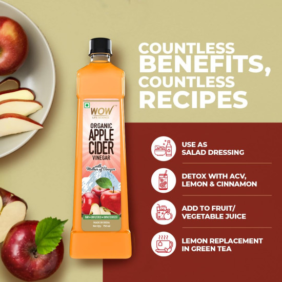 WOW Life Science Apple Cider Vinegar 750ml | Organic Himalayan Apples | Mother of Vinegar with Probiotics | Unfiltered & Unpasteurized | For Weight Management, Reduced Bloating, Healthy Skin & Hair
