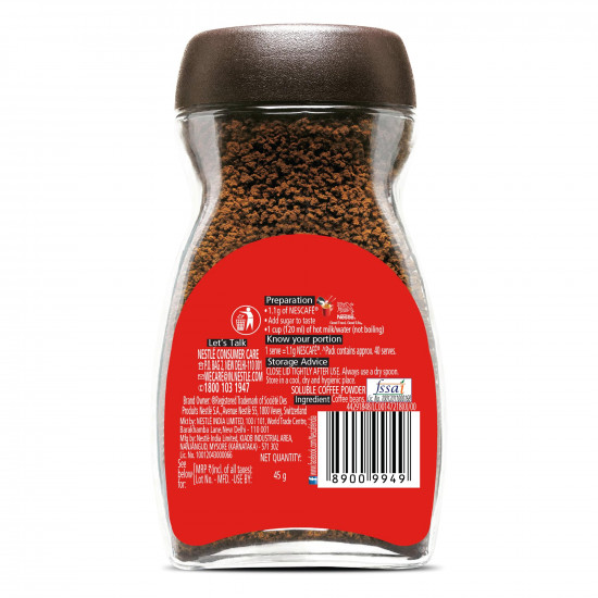 NESCAFE Classic Instant Coffee Powder, 45 g Jar | Instant Coffee Made with Robusta Beans | Roasted Coffee Beans | 100% Pure Coffee (Weight May Vary Upwards)