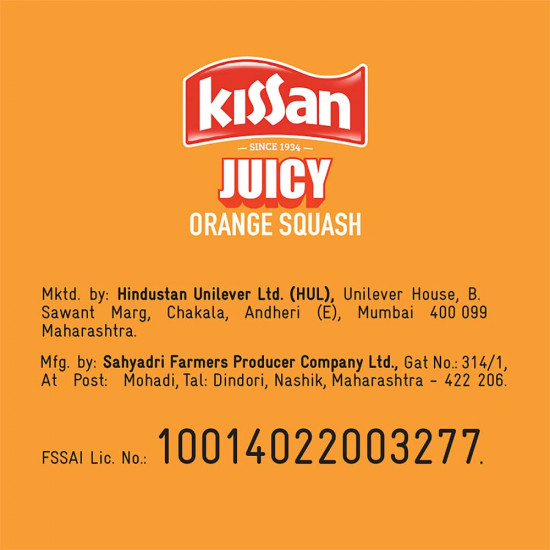 Kissan Orange Vegetarian Squash Bottle, 750Ml